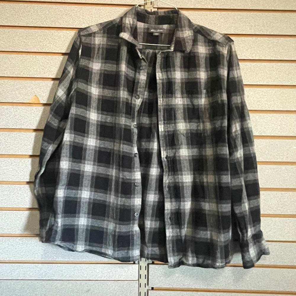 Eddie Bauer Mens Black Grey Plaid Flannel Button Down Shirt Large